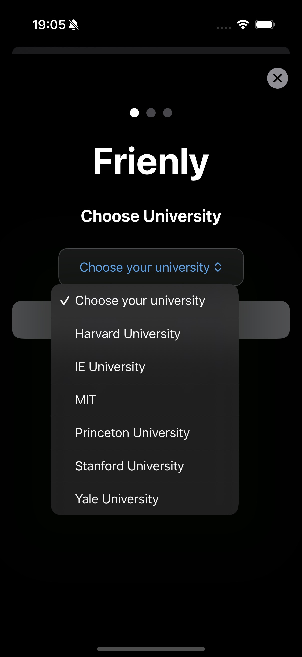 University selection interface
